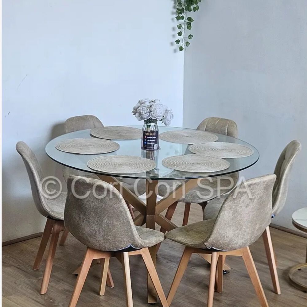 Comedor Warwick 120cm + 6 Sillas Capitonne Ecocuero Vintage Beige image number 1.0