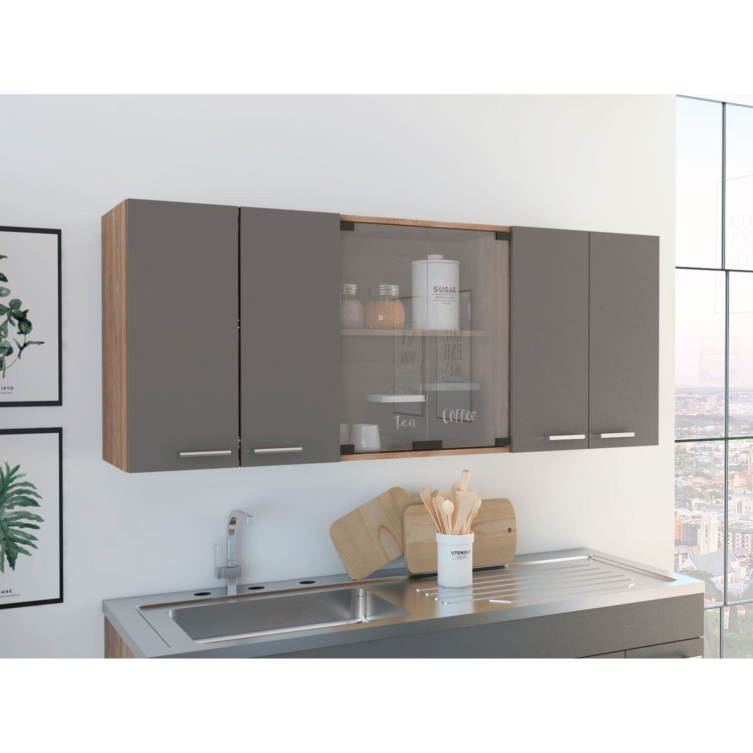 Mueble Superior De Cocina 6 Puertas 150x60x31,5 Cm Caf&eacute; Y Gris image number 7.0