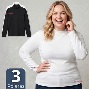 Pack 3 Camisetas Poleras Bamb&uacute; Primera Capa Cuello Beatle Manga Larga Blanco Negro Mujer
