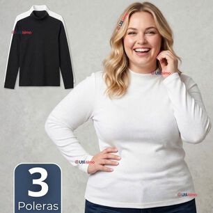 Pack 3 Camisetas Poleras Bamb&uacute; Primera Capa Cuello Beatle Manga Larga Blanco Negro Mujer