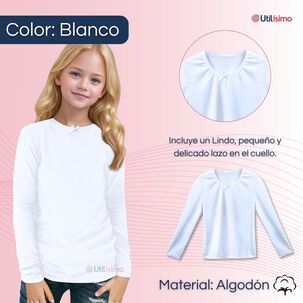 Pack 6 Camisetas Algod&oacute;n Manga Larga Polera Ni&ntilde;a Primera Capa Cuello Redondo Blanca