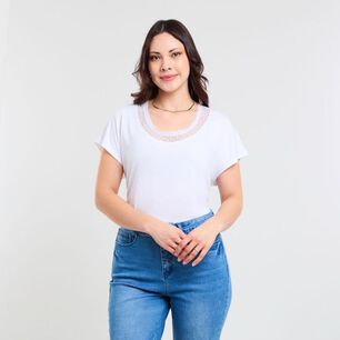 Polera Lisa Manga Corta Cuello Redondo Con Aplicación Lace Mujer Sexy Large