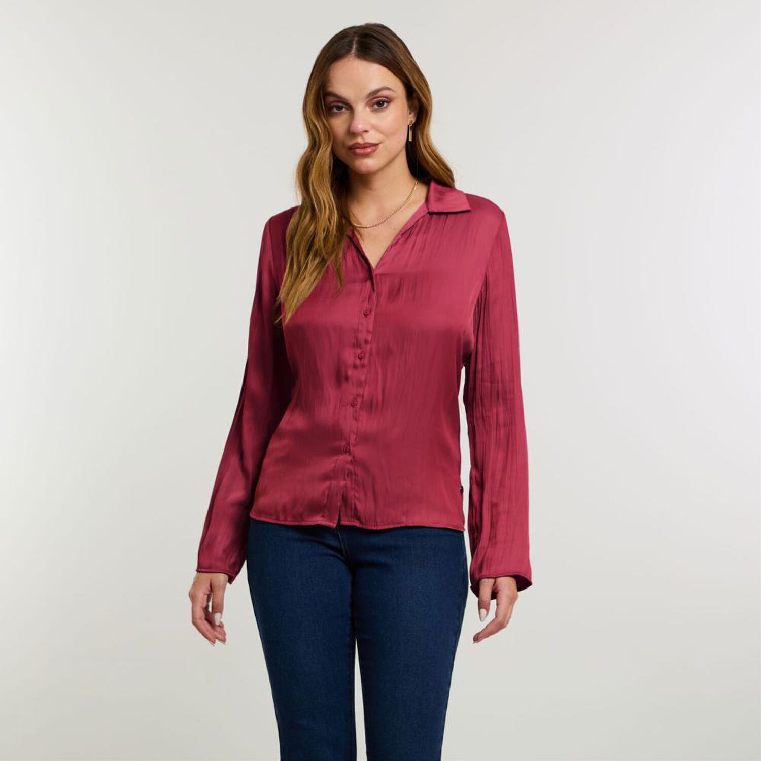 Blusa Abotonada Tipo Camisera Dise&ntilde;o Arrugado Manga Larga Mujer Kimera image number 0.0