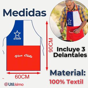 Pack 3 Delantal Cocina Fiestas Patrias Bandera Chile 60x90 Viva Chile