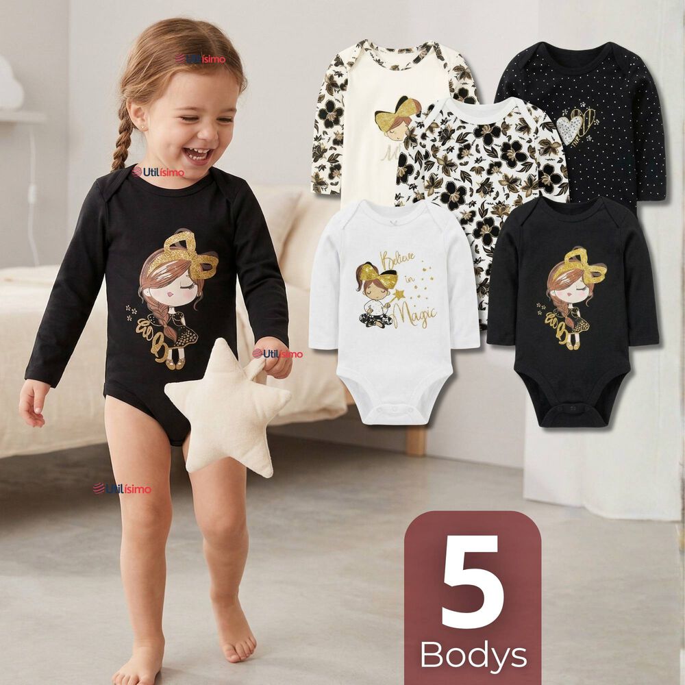 Pack 5 Bodys Manga Larga 100% Algod&oacute;n Beb&eacute; Ni&ntilde;a Golden Magic image number 0.0