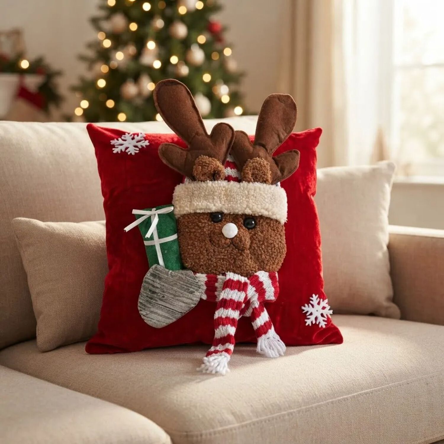 Coj&iacute;n Navide&ntilde;o Con Reno 3d Rojo 45 45 Cm image number 2.0