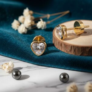 Aros Abridores Coraz&oacute;n 6 Mm Oro 18k Con Circ&oacute;n Y Tope A Presi&oacute;n