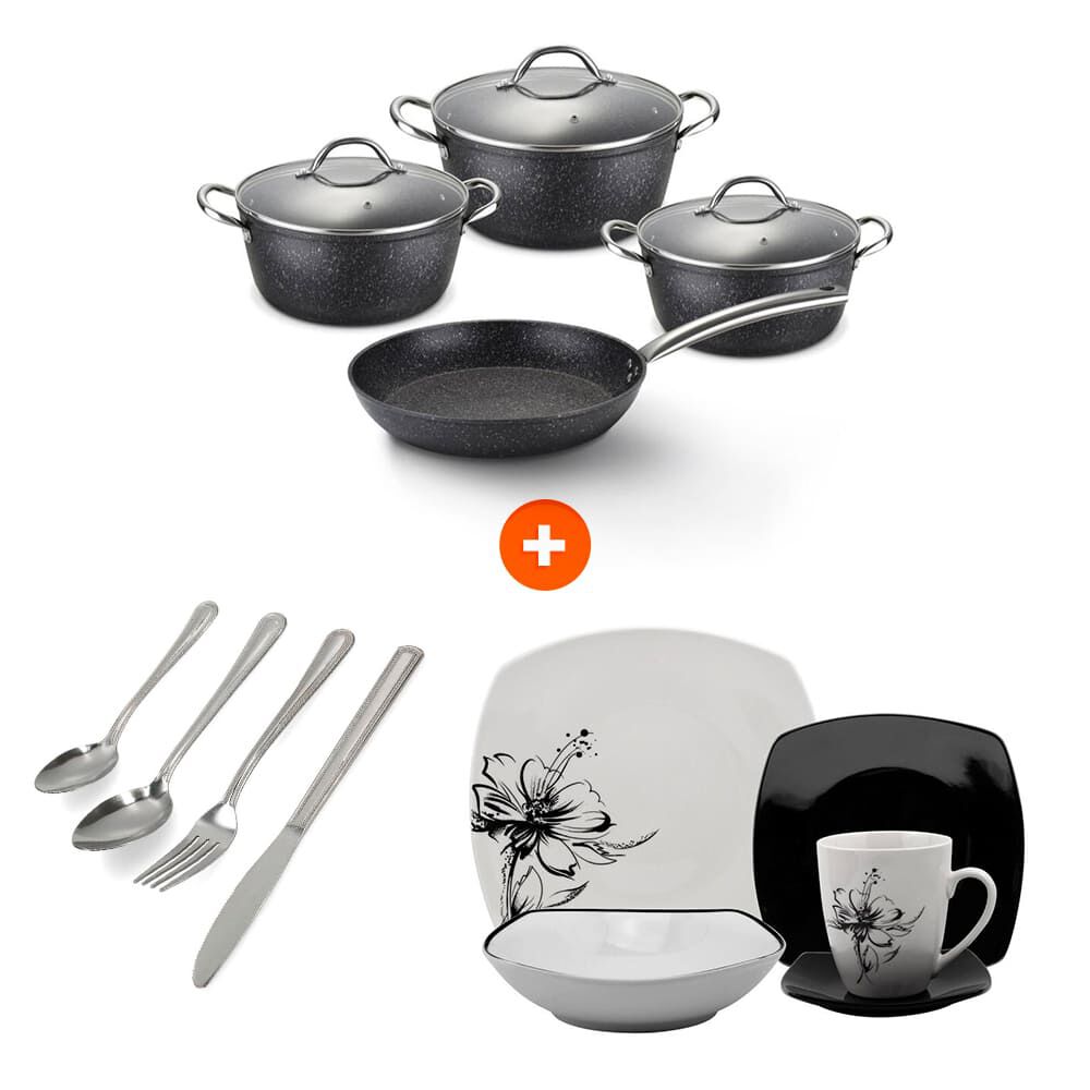 Batería de Cocina Pompei 7 Pz + Juego de Vajillas Upsula 30 Pz + Cubiertos de Mesa Perlado 24 Pz image number 0.0