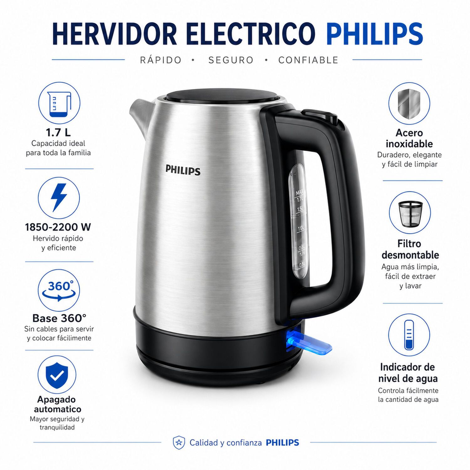 Hervidor Philips 1.7l Acero Inoxidable Base Giratoria 360&deg; image number 5.0