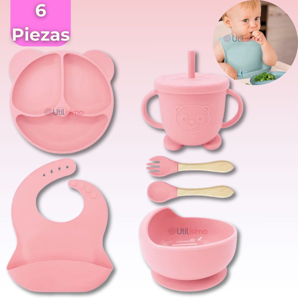 Set De Alimentación Bebé Silicona De Oso 6 Piezas Libre Bpa Color Rosa Claro image number 0.0