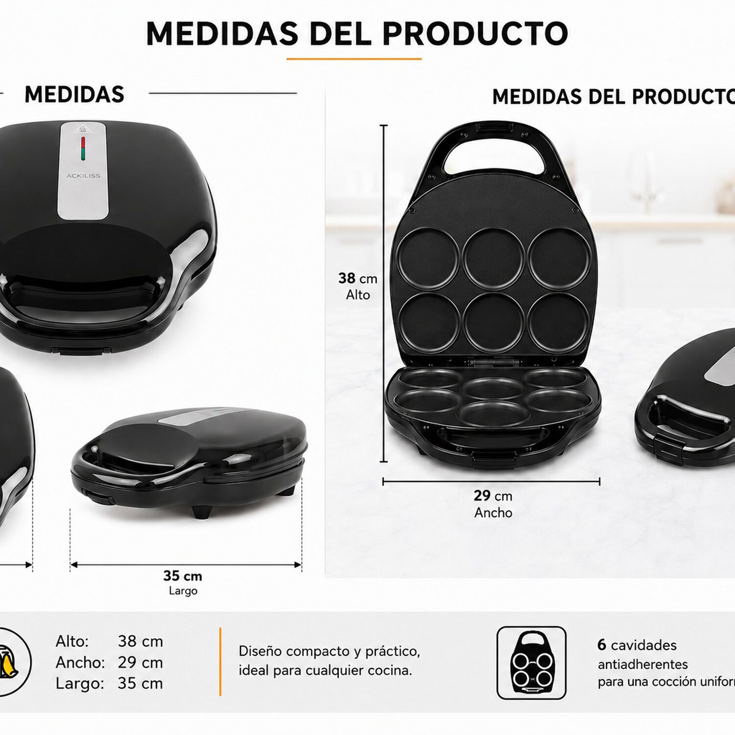 Maquina De Muffins Arepas Tostador Multiuso Antiadherente 1400w 6 Cavidades Marca Ackiliss image number 7.0