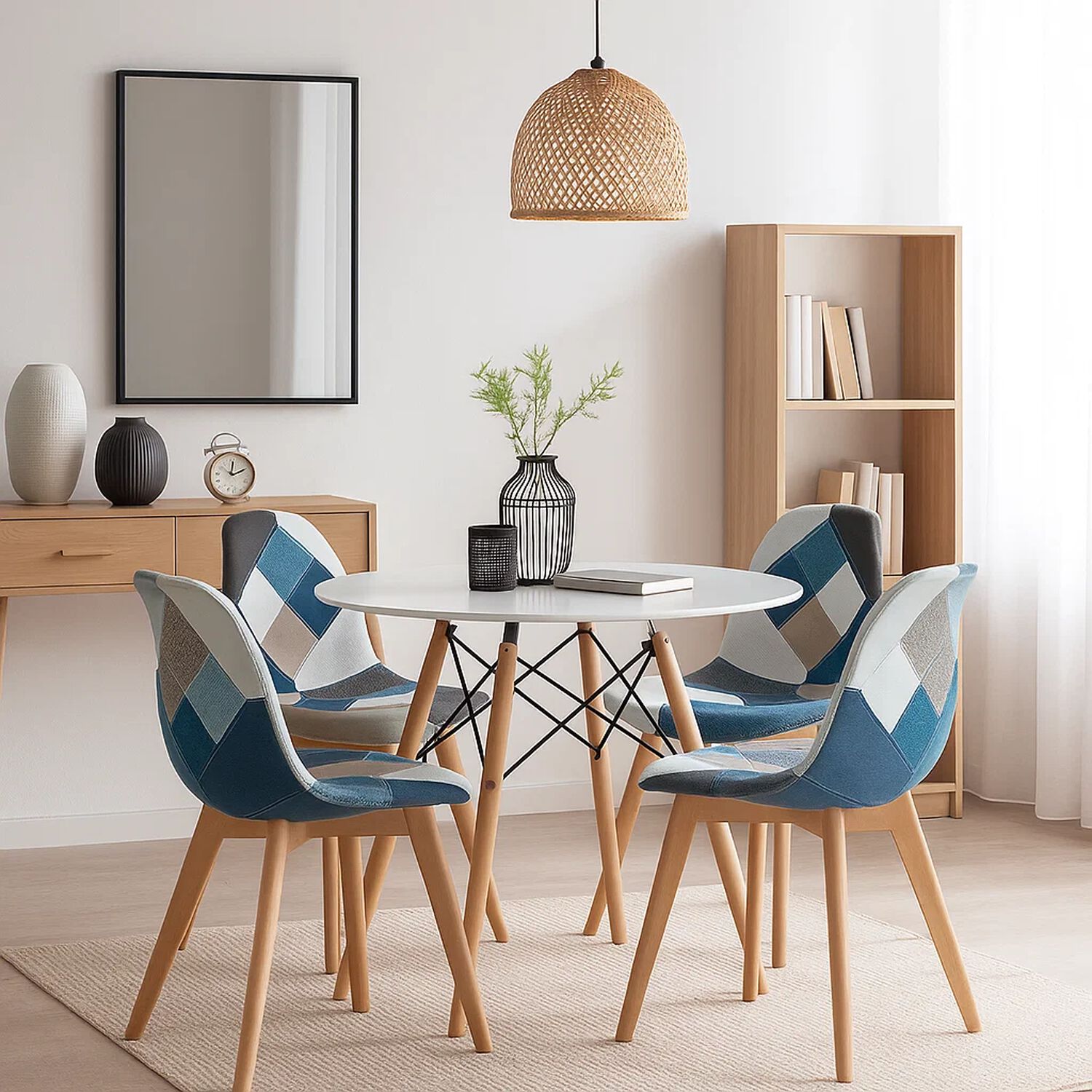 Comedor Mesa Redonda Blanca 100cm + 4 Sillas Eames Patchwork Tela Wood Celeste image number 2.0