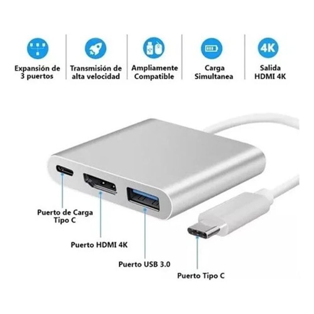 Adaptador Multipuerto 3 En 1 Usb Tipo C 3.0 A Hdmi 4k image number 3.0
