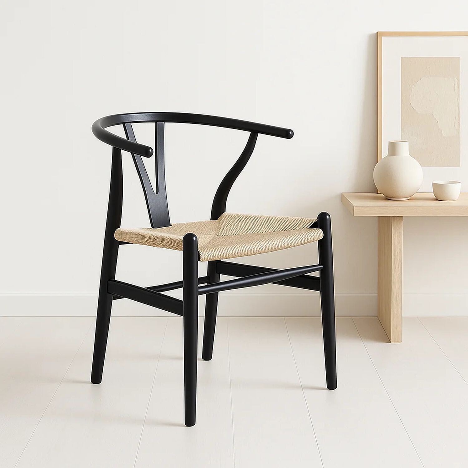 Silla Wishbone Madera Negra Y Asiento Claro image number 2.0