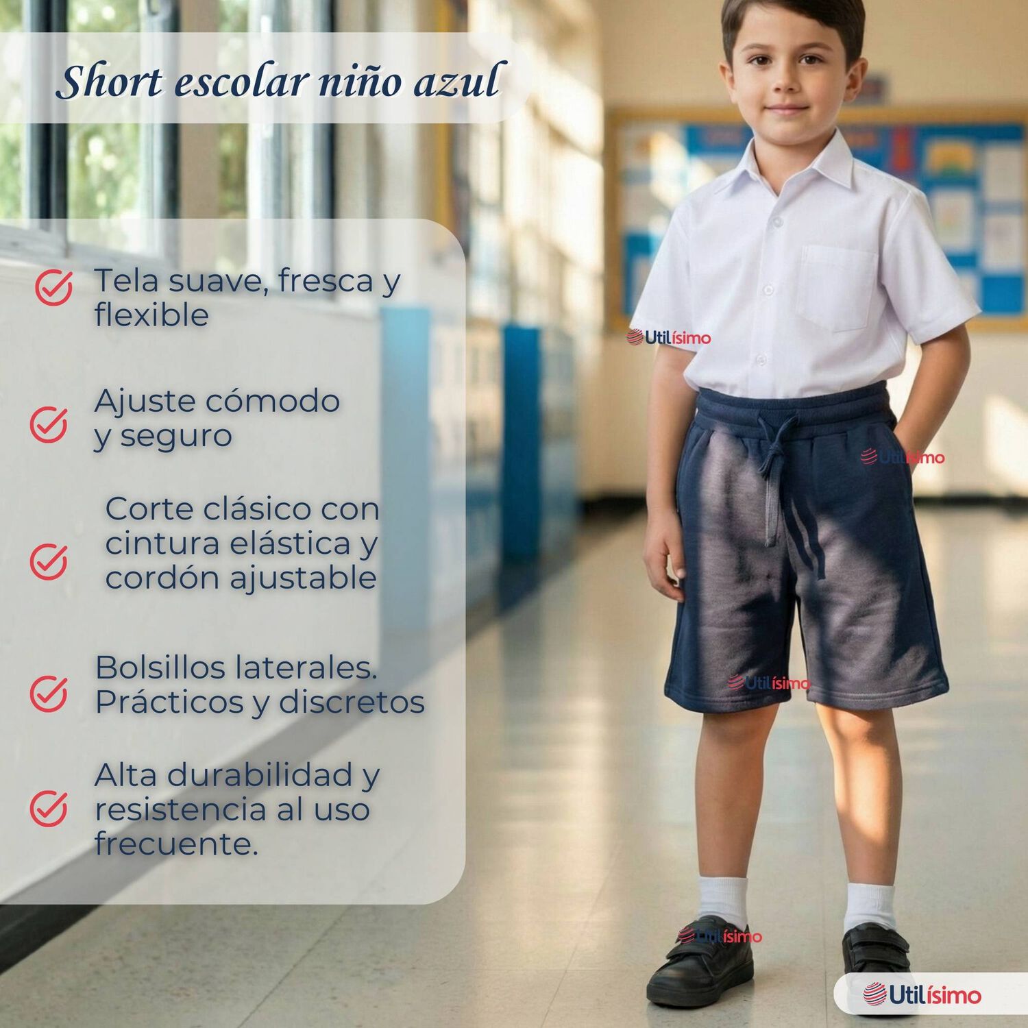 Pantal&oacute;n Corto Short Ni&ntilde;o Algod&oacute;n Deportivo Escolar Azul Marino image number 2.0