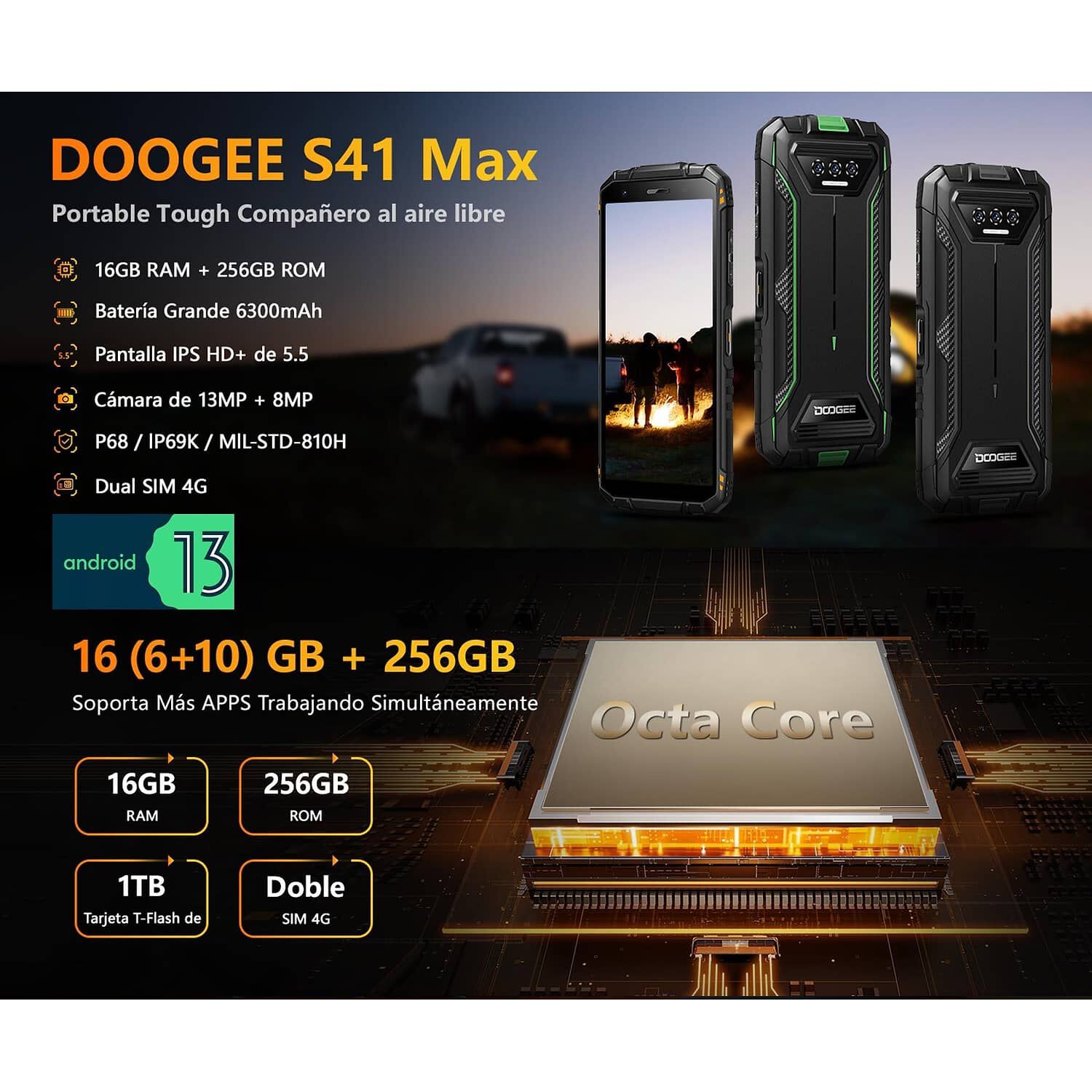 Celular Rugged Doogee S41 Max Resistente A Golpes, Polvo, Humedad Y Agua / Desbloqueo Facial Y Con Huella Dactilar, Nfc, Radio Fm, Naranjo image number 1.0