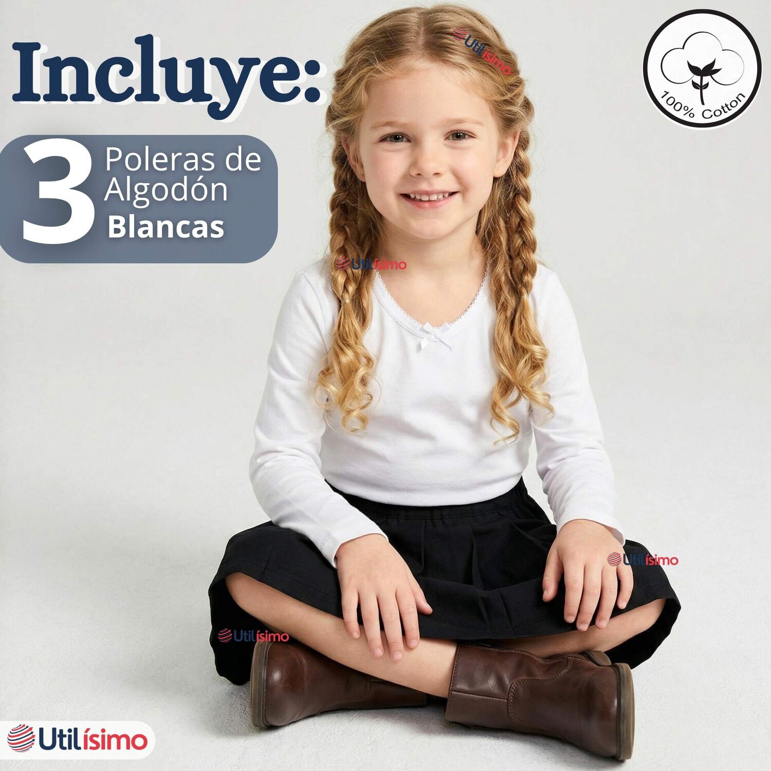 Pack 3 Camisetas Poleras Algod&oacute;n Cuello Redondo Blanca Primera Capa Manga Larga Ni&ntilde;a image number 1.0