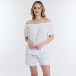 Blusa Lisa Abotonada Manga Corta Con Hombros El&aacute;sticados Bambula Mujer Geeps