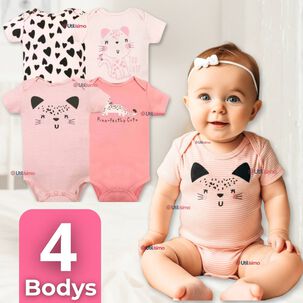 Pack 4 Bodys Niña Manga Corta Tedmimak 100% Algodón Cat Love