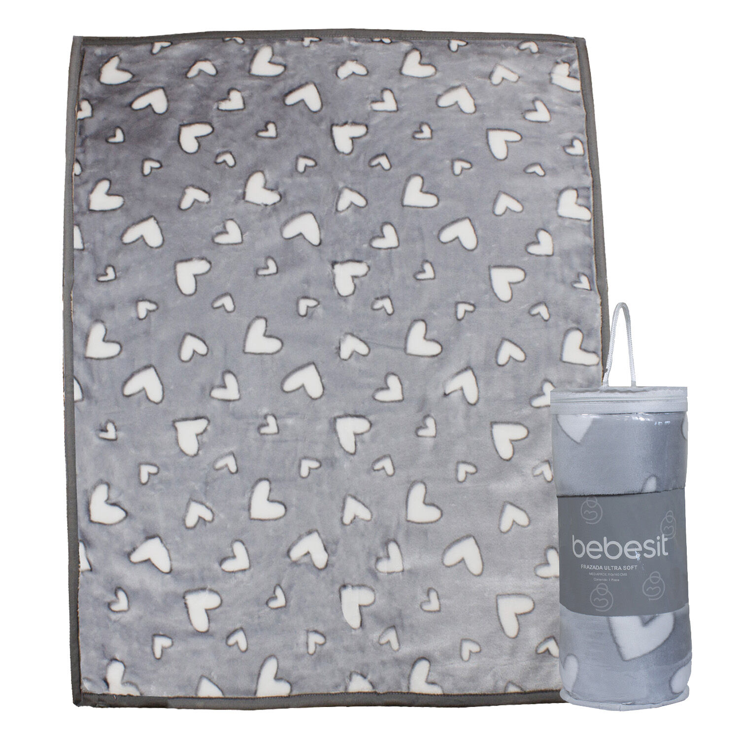 Frazada Ultra Soft Corazones 110x140cm Gris Bebesit image number 0.0