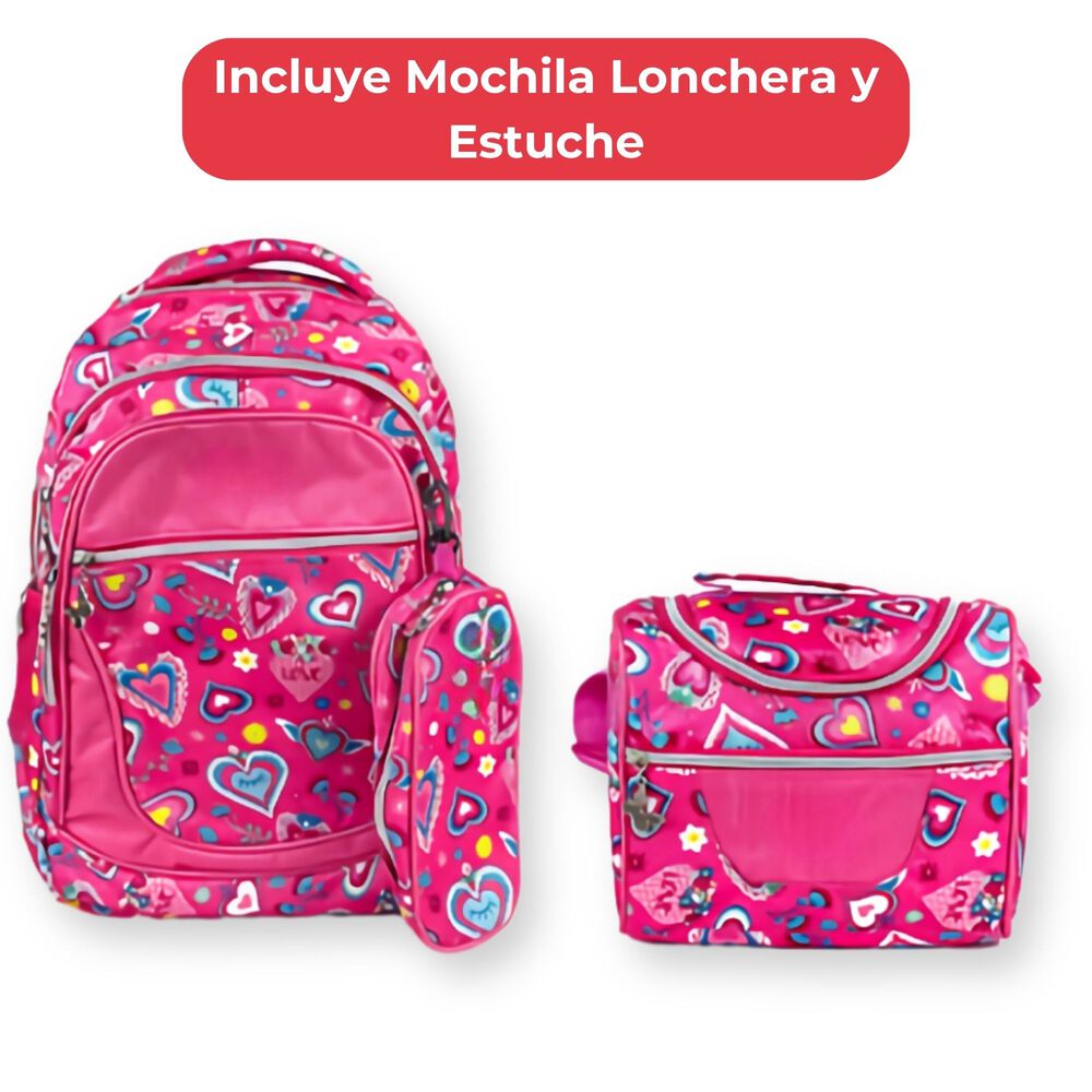 Pack Mochila Lonchera Estuche 45cm Juvenil Y Escolar Girls Intense Pink Hearts image number 2.0