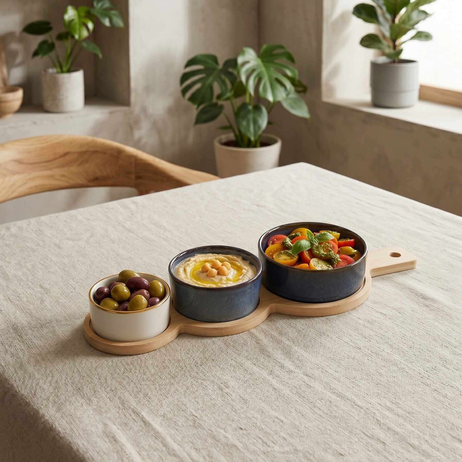 Set 3 Bowls Ceramica En 3 Tamanos Con Bandeja Bamboo Con Asa 35 Cm image number 3.0