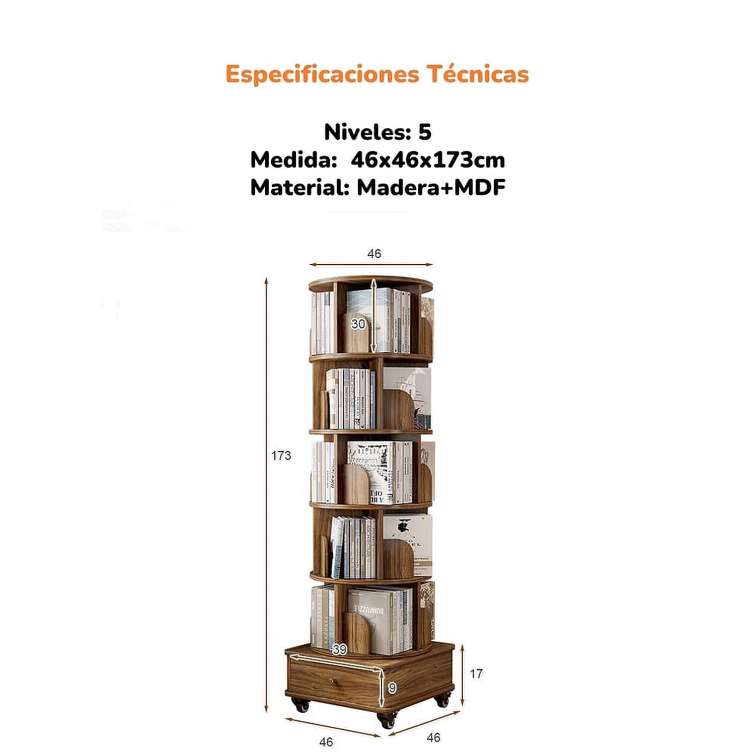 Biblioteca Giratoria 360 Librero Organizador Con Caj&oacute;n 173cm image number 1.0