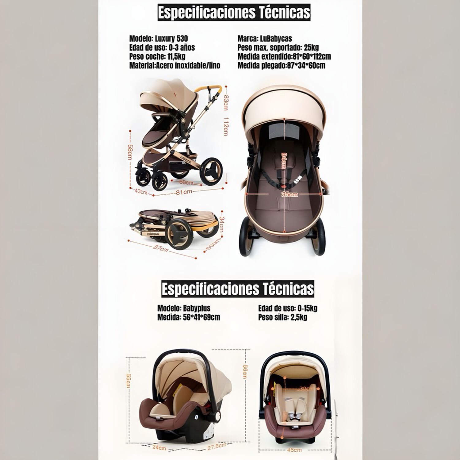 Coche Travel System Con Accesorios Gris Lubabycas image number 2.0