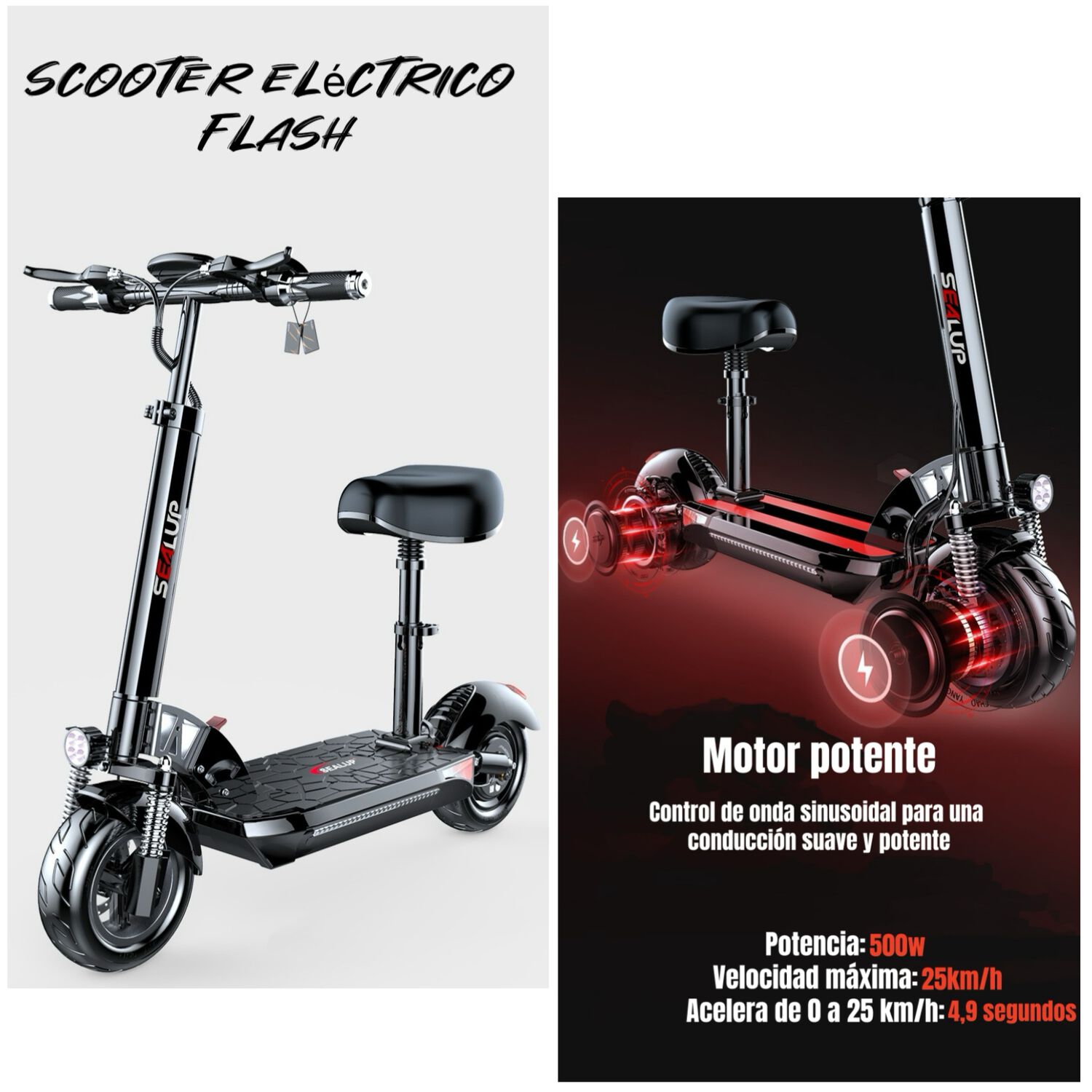 Scooter Adulto El&eacute;ctrico Flash 48v 500w 80km Aluminio Negro image number 2.0