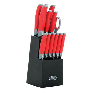 Set Cuchillos Acero Inoxidable Lindbergh 14 Pcs Mango Rojo Y Taco De Madera Negro