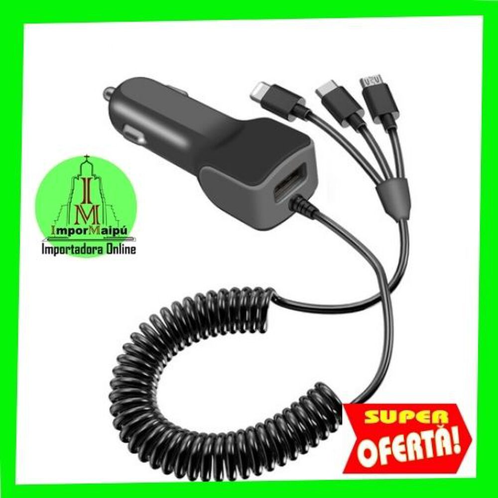 Cargador De Celular Auto Carga Rapida 1 Usb Y 3 Salidas, 3.1 A Cable 4 En 1 Con Cables Micro Usb Samsung, Tipo C Y Para Iphone image number 0.0