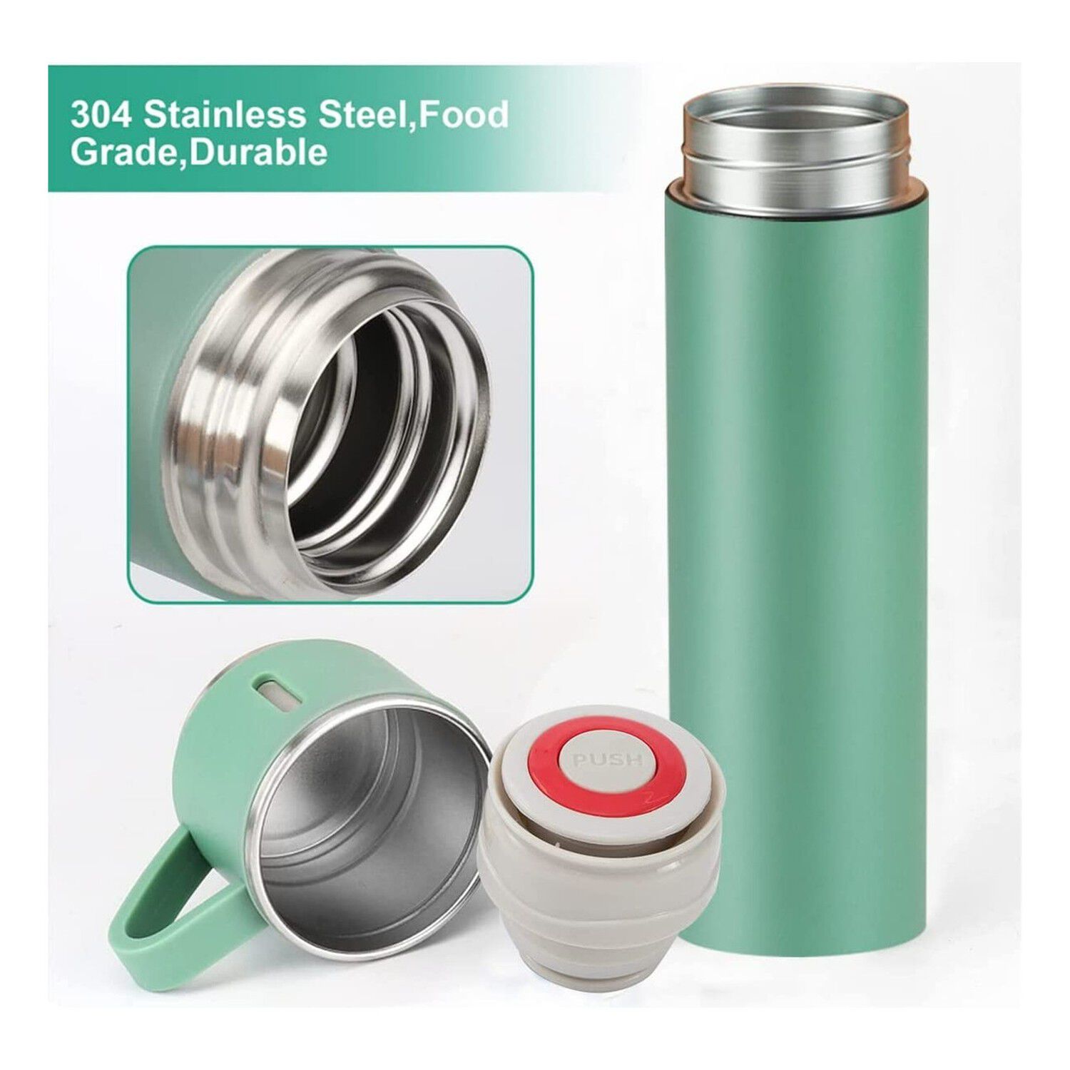 Termo Acero Inox 500ml Verde 3 Tazas Aisladas Caliente Fr&iacute;o image number 1.0