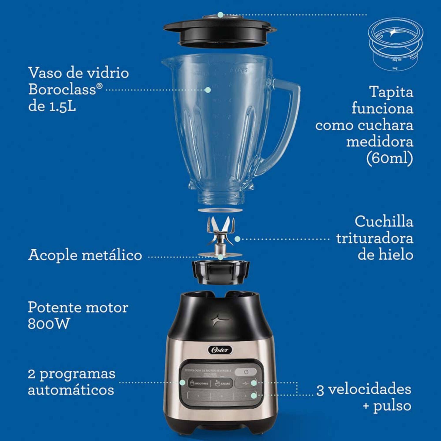 Licuadora Oster Con Tecnolog&iacute;a Reversible, 2 Programas Autom&aacute;ticos Y 3 Velocidades M&aacute;s Pulso image number 9.0