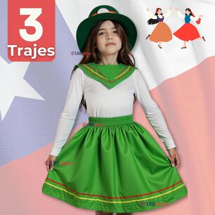 Pack 3 Traje Nortino Con Polera Fiestas Patrias Baile Nortino Verde