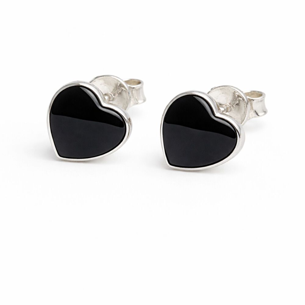 Aros &Oacute;nix Coraz&oacute;n Plata 950 Tornillo Mariposa Mujer Elegantes Piedra Negra image number 0.0