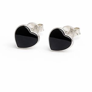 Aros &Oacute;nix Coraz&oacute;n Plata 950 Tornillo Mariposa Mujer Elegantes Piedra Negra