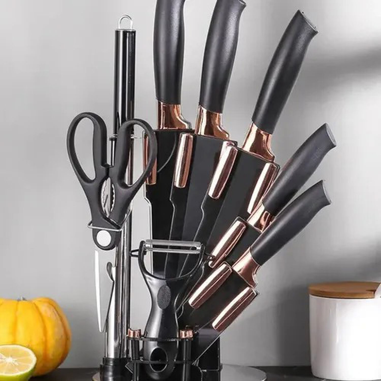 Set Cuchillos De Cocina 9 Piezas Con Base Giratoria Liso Negro image number 1.0