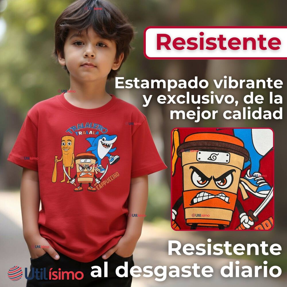 Polera Brainrots 100% Algodón Manga Corta Niño Tralalero Rojo image number 3.0