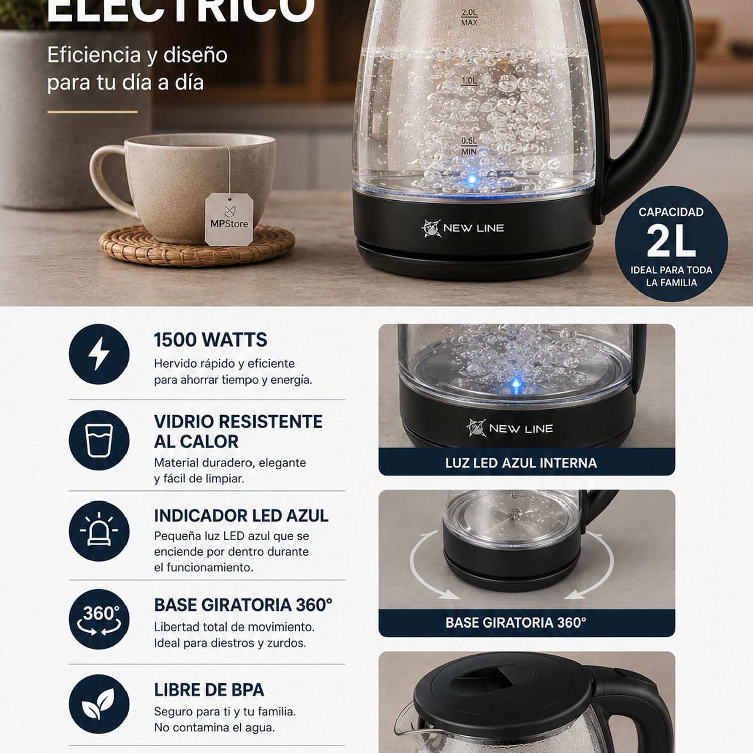 Hervidor Electrico De Vidrio Capacidad De 2 Litros 1500w New Line Color Negro image number 1.0