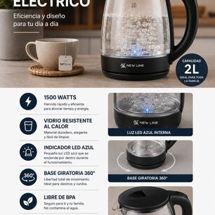 Hervidor Electrico De Vidrio Capacidad De 2 Litros 1500w New Line Color Negro