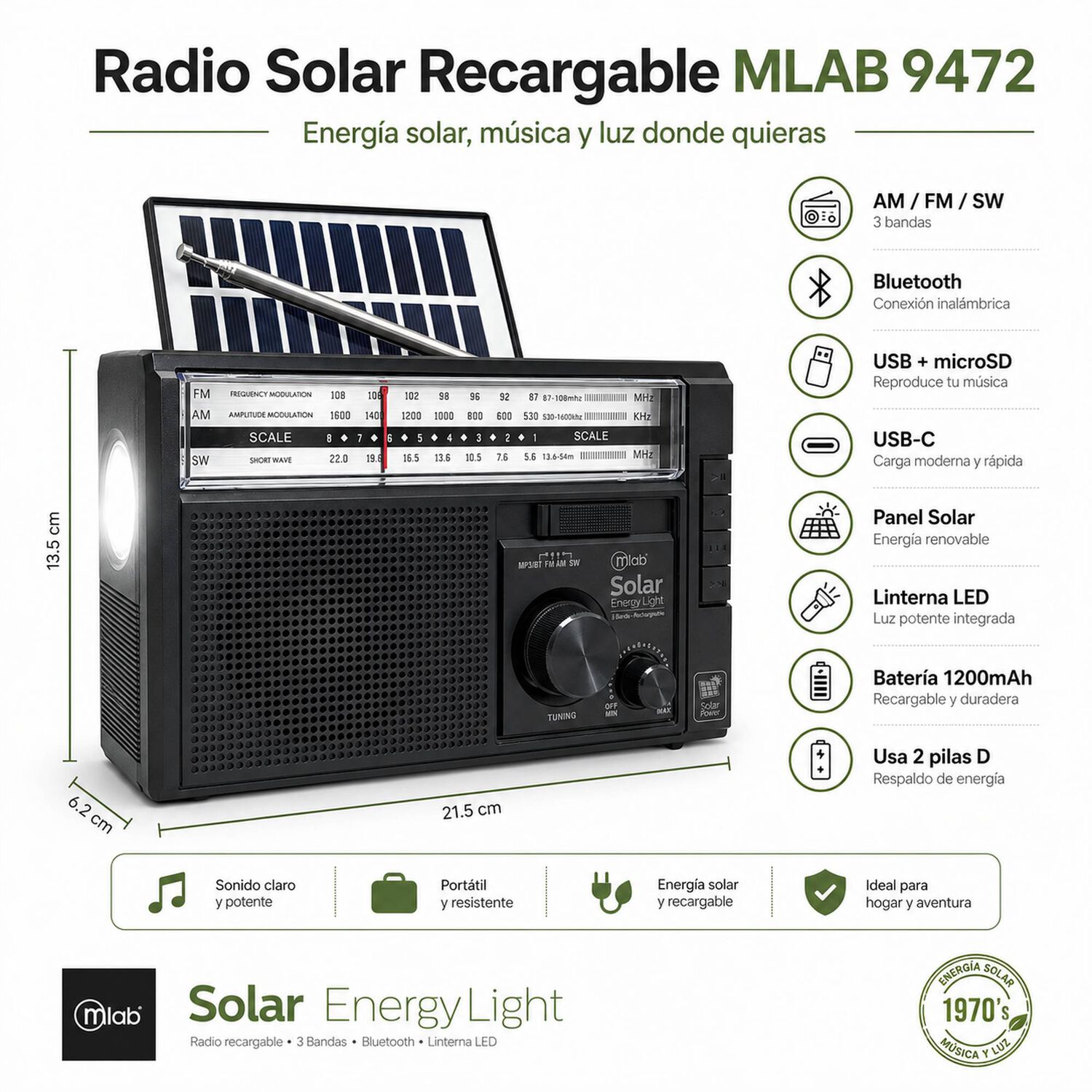 Radio Am/ Fm/ Sw/ Bt Recargable Usb-c + Carga Solar & Pilas image number 4.0