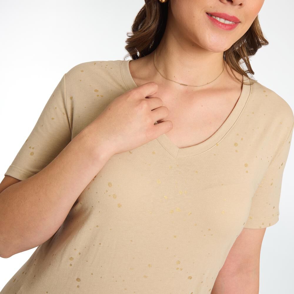 Polera Regular Aplicaci&oacute;n Folia Manga Corta Cuello V Mujer Sexy Large image number 4.0