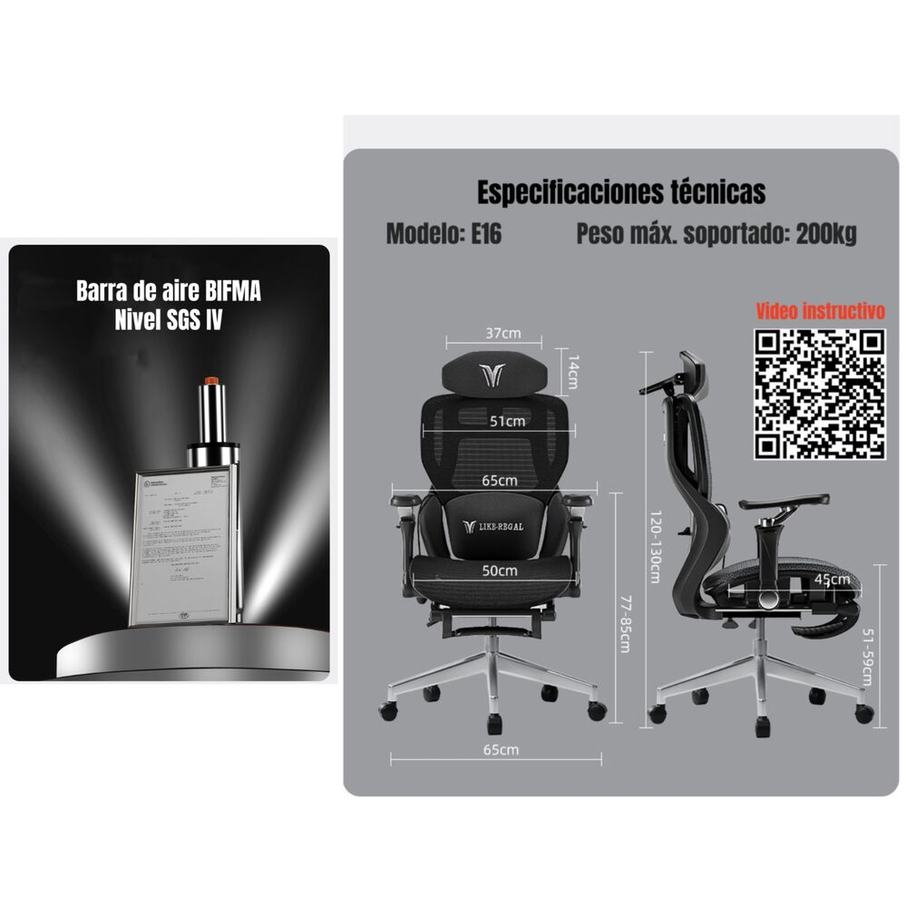 Silla De Escritorio Reclinable Con Reposapies E16 Negra image number 7.0