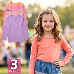 Pack 3 Camisetas Poleras Bamb&uacute; Cuello Redondo Primera Capa Manga Larga Colores Surtido Ni&ntilde;a