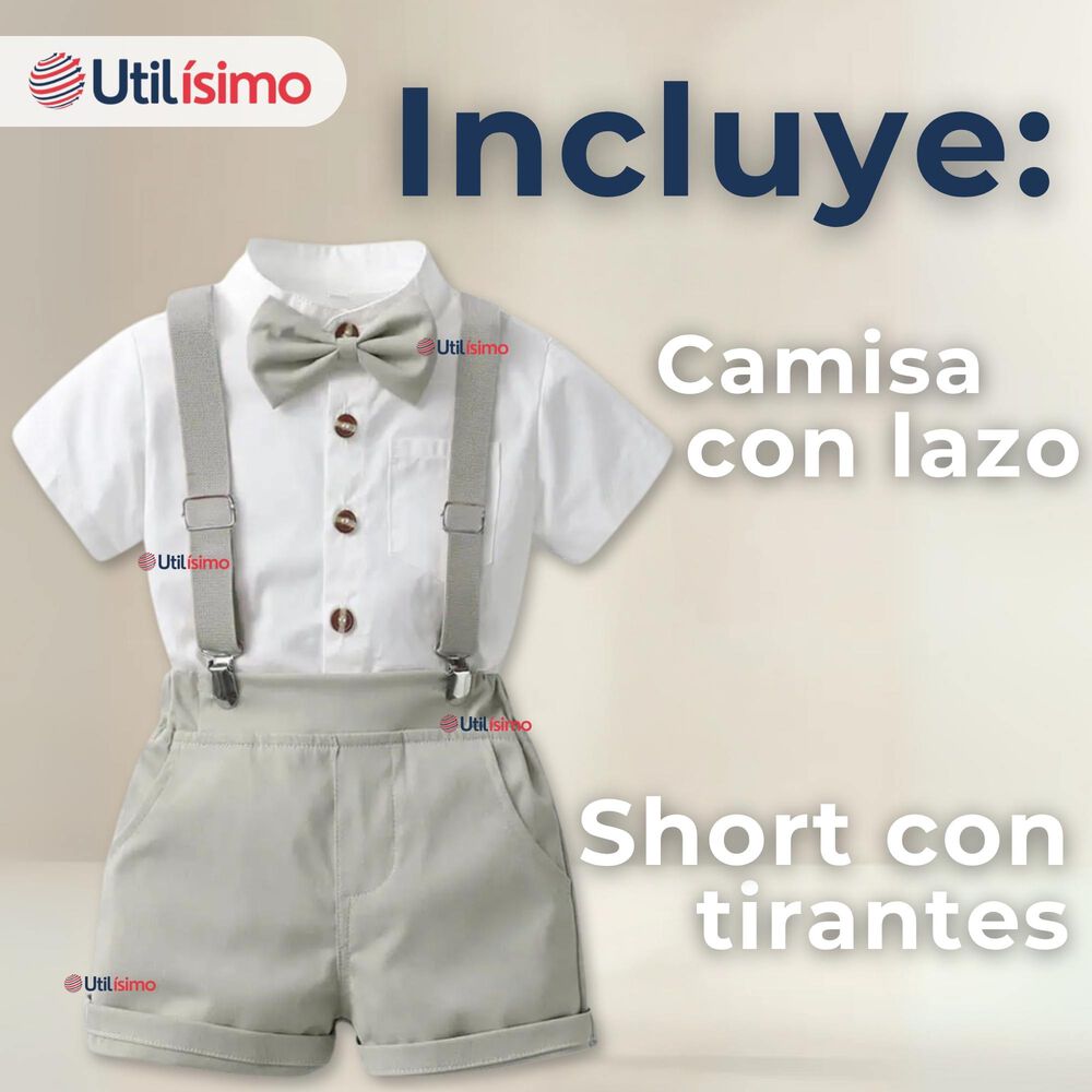 Conjunto De Vestir Con Tirantes Camisa Pantalón Corto Algodón Bebé Gris image number 1.0