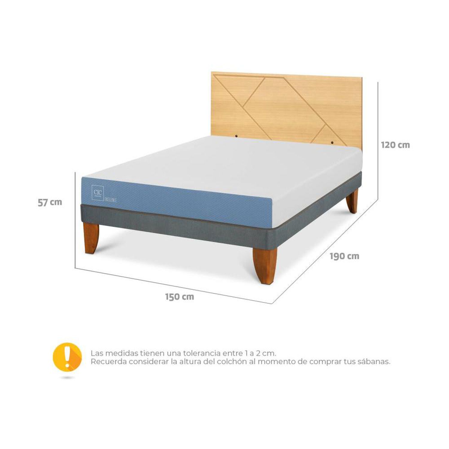 Cama Europea Cic Excellence / 2 Plazas / Base Normal + Respaldo image number 2.0