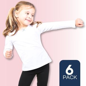 Pack 6 Camisetas Algodón Manga Larga Polera Niña Primera Capa Cuello Redondo Blanca