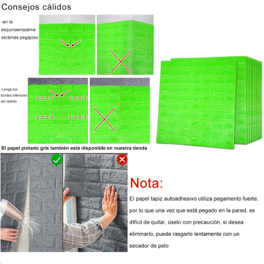 Pack 10 Lamina Papel Mural Autoadhesivo 3d Ladrillo Verde image number 4.0