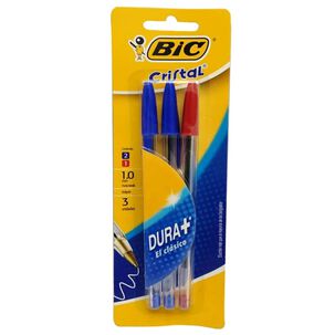 Pack X 4 Blister 3 Bolígrafos Cristal Fino / 2 Azul 1 Rojo Bic