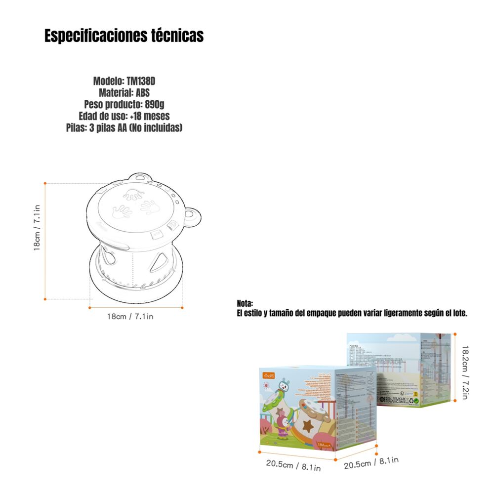 Tambor Musical Ni&ntilde;os Multifuncional 6 Modos Tm138d Lubabycas image number 1.0